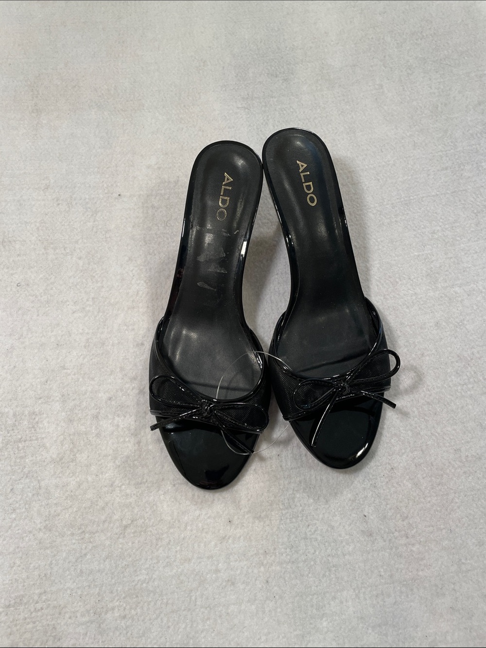 Aldo Black Patent Slide Mules with Bow Accent